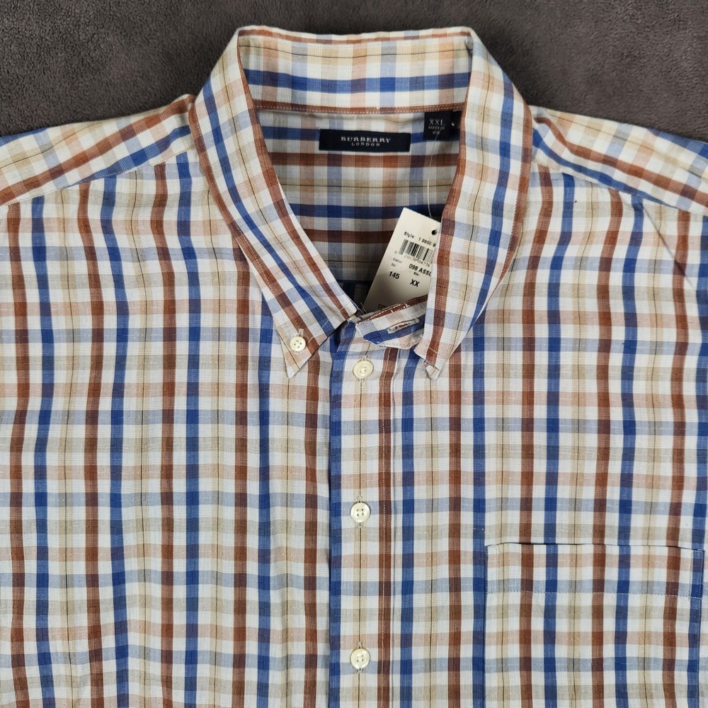 Burberry London Button Down Shirt Mens XXL Blue Brown Plaid Long Sleeve USA NEW